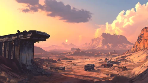 Desert landscape with ruined overpass and distant mesas.