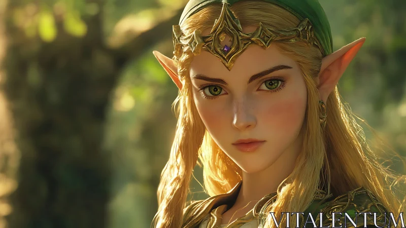 Elven princess gazes ahead in dappled forest light