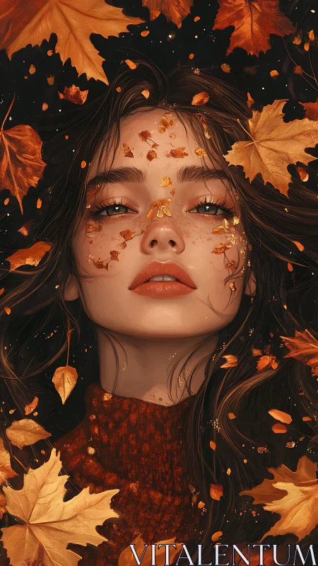 Autumn portrait study with cascading leaves and warm chiaroscuro.
