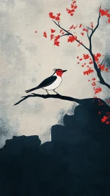 Contrasting songbird perches below sparse red foliage