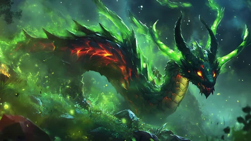 Emerald flame dragon coiled in dense glowing forest scene.