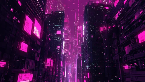 Neon canyon of cyberpunk towers in magenta haze at night.