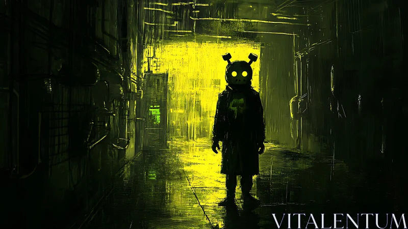 Robot figure in neon lit industrial corridor at night.