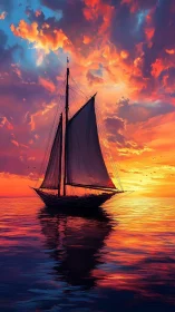Schooner of shadows drifting through molten sunset skies.