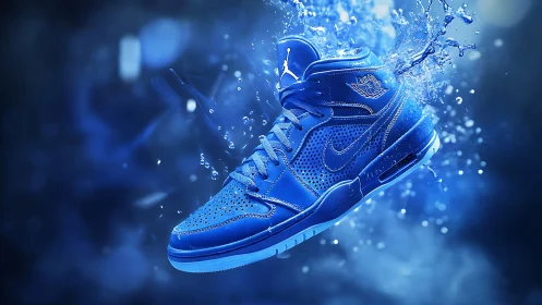 Electric blue basketball sneaker in dynamic water burst.