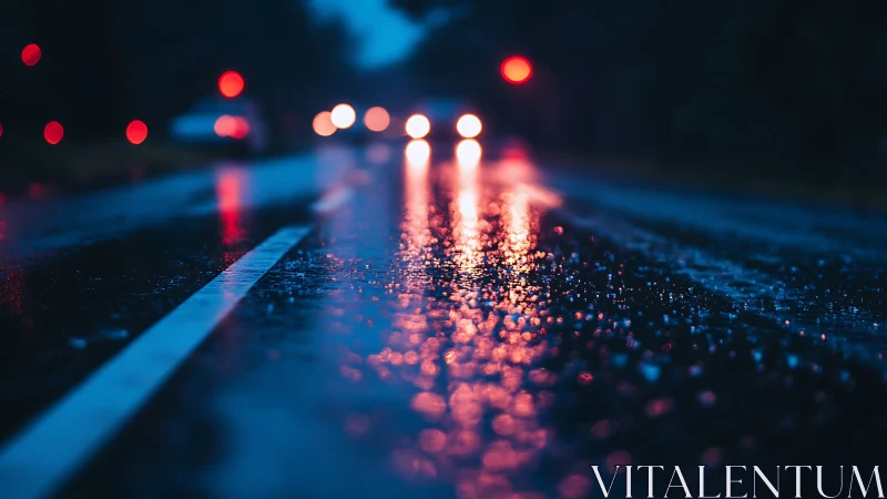 Wet night highway with defocused headlights and bokeh glow.