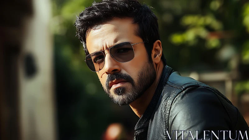 Cinematic portrait of bearded man in polarized sunglasses.