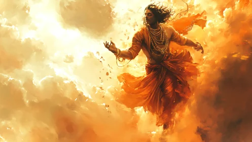 Figure in orange robes moving through luminous cloud mass.