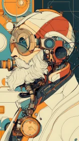 Retro-futurist cyborg scientist in teal and ember circuits.