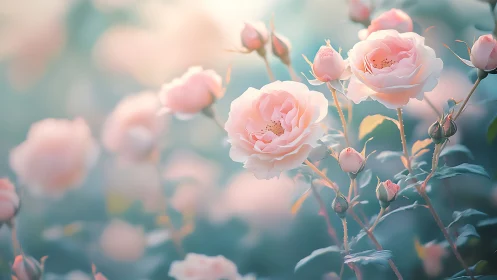 Soft-focus blush pink garden roses with selective depth rendering technique