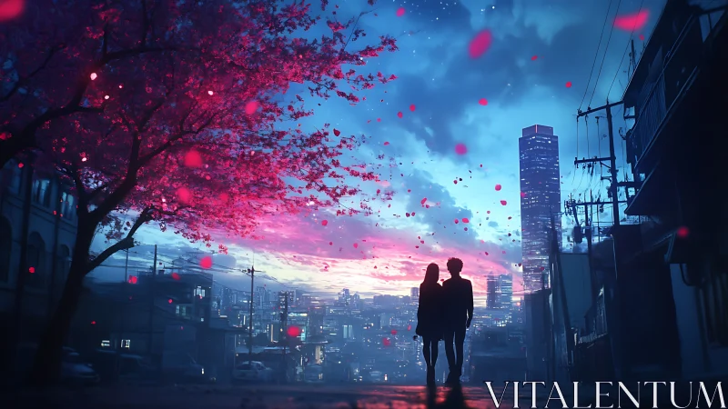 Silhouetted couple under neon sakura overlooking dusk cityscape