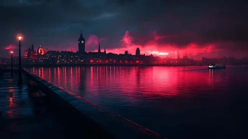 Neon red sunset bathes a moody riverside city skyline.