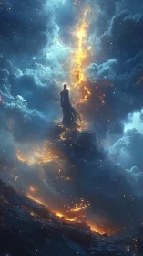 Lone starborn figure courts a storm of fire and clouds
