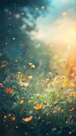 Sunlit wildflowers glow amid drifting particles and haze