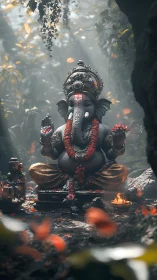 Lord Ganesha statue in forest shrine with ritual details.