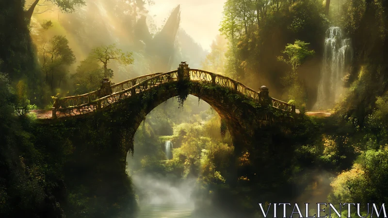 Sunlit stone bridge over misty forest gorge with waterfalls.