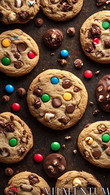 Chocolate candy chip cookies on dark rustic baking tray.