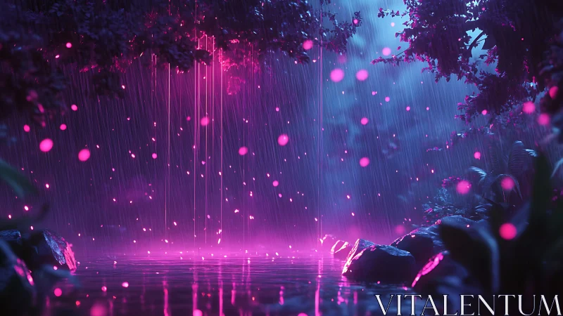 Enchanted neon rain cascades over a glowing jungle pool.