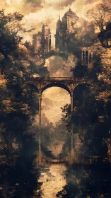 Ruined citadel above arched bridge in misty forest dusk.