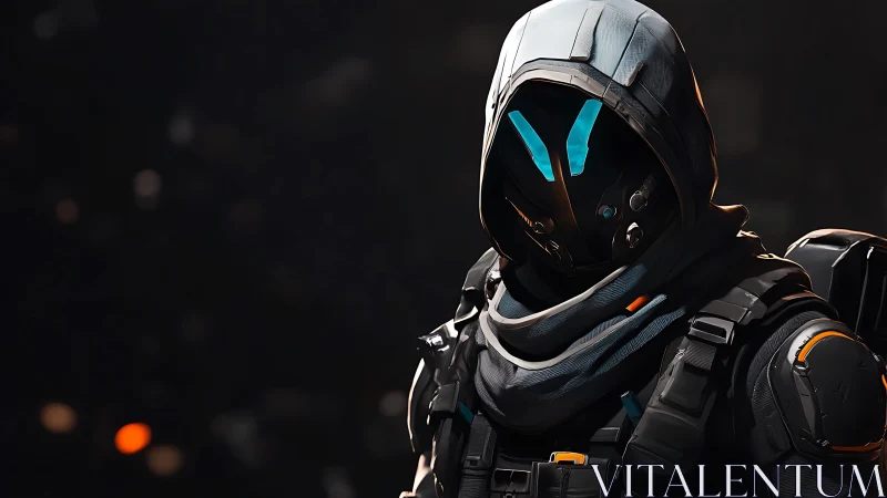 Hooded exosuit operative with teal visor highlights poised.