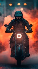 Motorcyclist rides through dense orange smoke at night.
