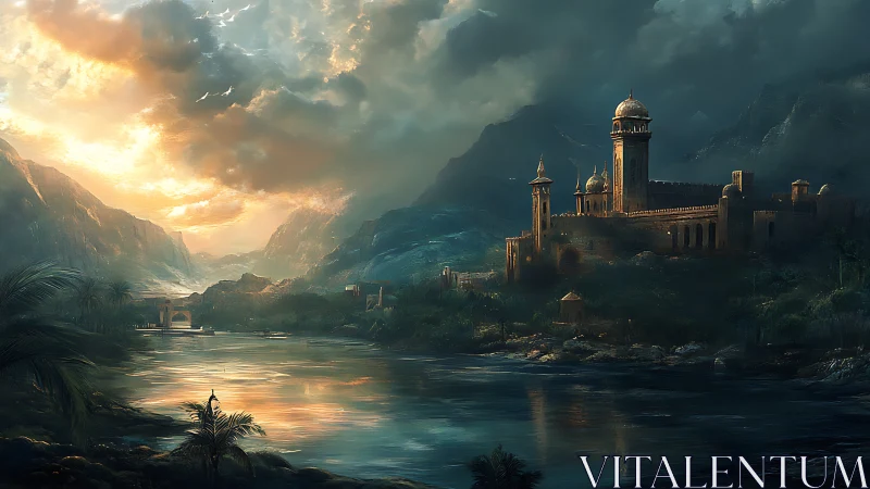 Riverside fortified palace complex under dramatic sky.