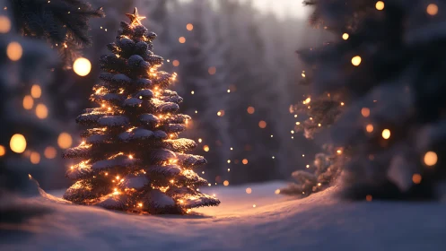 Snowy forest Christmas tree glowing with cozy winter lights.