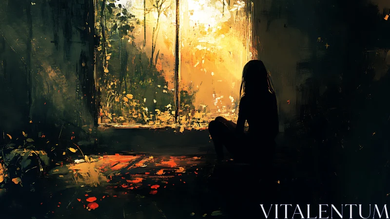 Silhouette gathers sunrise stories beside a burning window