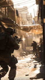 Armed soldiers move through narrow urban alley under harsh light