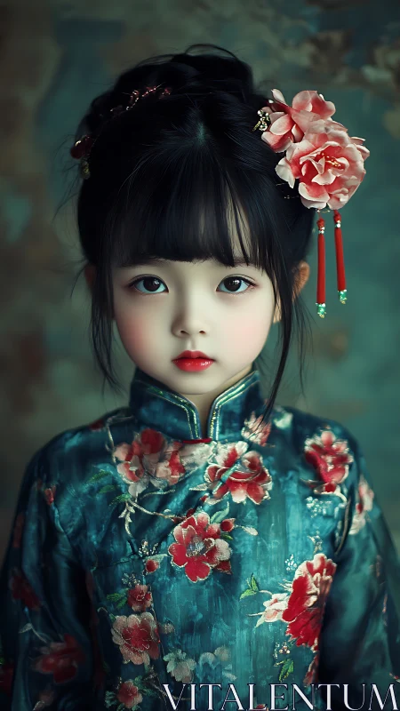 Porcelain Dreams: Child in Jade Silk Crowned with Cherry Blossoms.