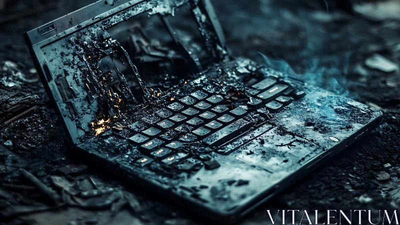 Burned laptop lies destroyed on ground with melted keyboard