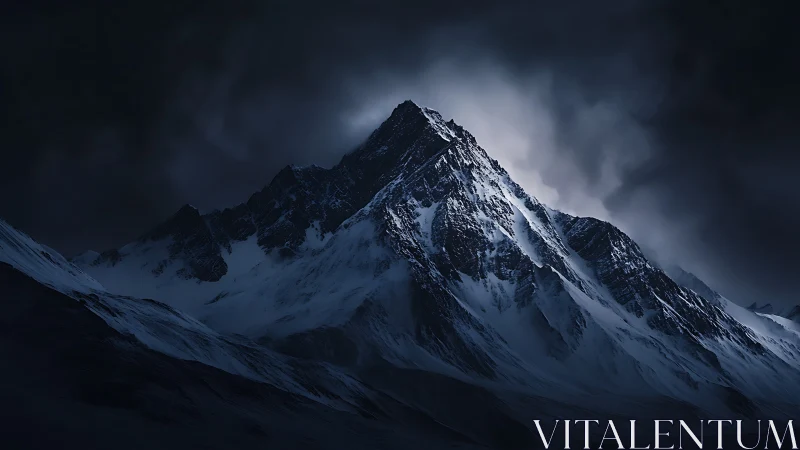Midnight stormlight crowns a brooding, snow-forged peak
