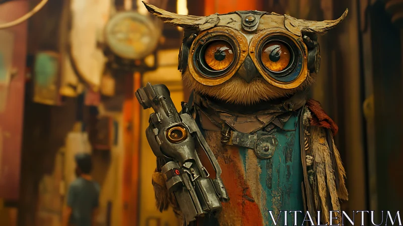Armored owl sentry with steampunk rifle in alleyway.