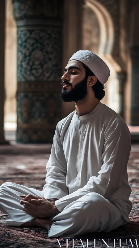 Photorealistic portrait of meditative worshipper in mosque interior.