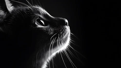 High-contrast monochromatic feline portrait in dramatic chiaroscuro lighting.