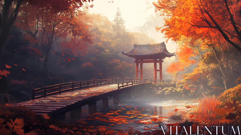 Autumn bridge and red pagoda rest in golden forest mist