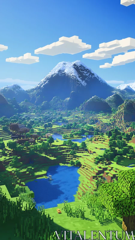 Peaceful blocky valley under bright pixelated skies.