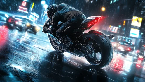 Midnight rider leans into neon rain and citylight speed