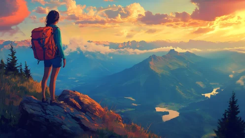 Hiker on alpine ridge at sunset overlooking river valleys