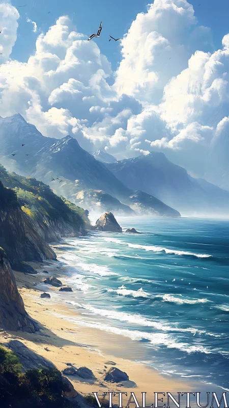 Coastal cliffs and turquoise surf beneath cumulus skies.