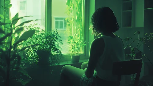 Soft afternoon calm wraps a quiet woman in green window light