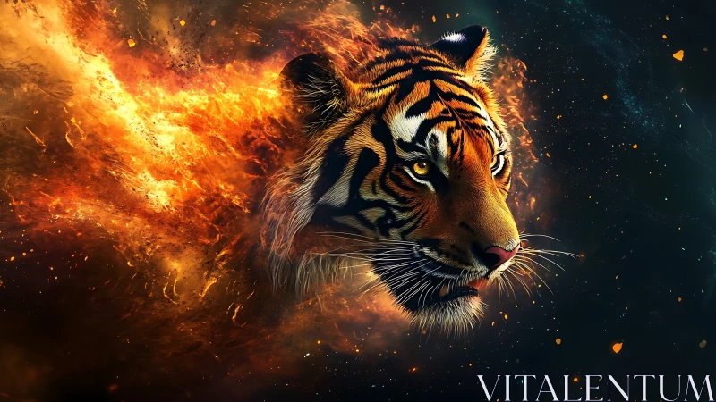 Fiery cosmic tiger head rendered in dynamic digital flames.