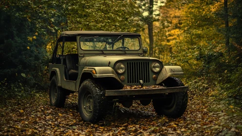 Vintage military jeep stands in autumn forest under soft haze