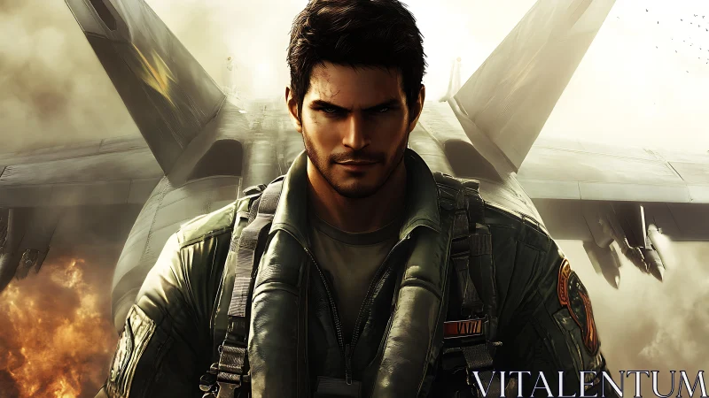 Confident fighter pilot strides forward from roaring jet