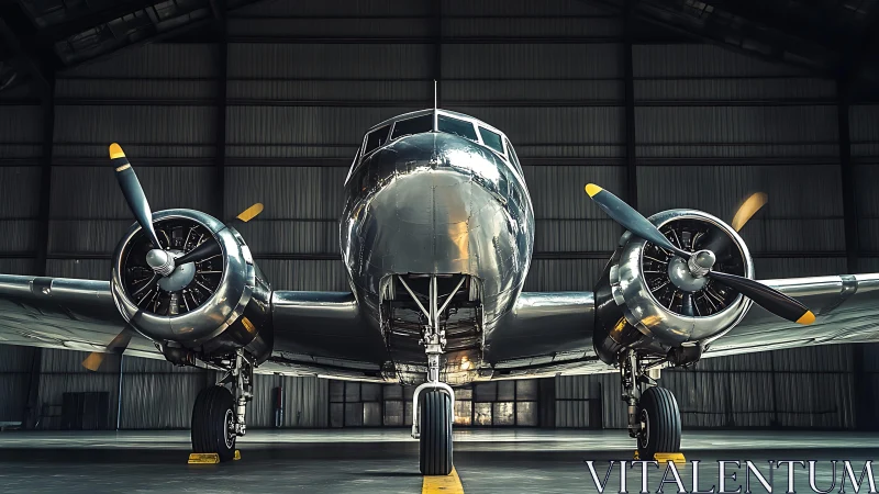 Chrome winged classic rests poised in a hushed steel hangar.