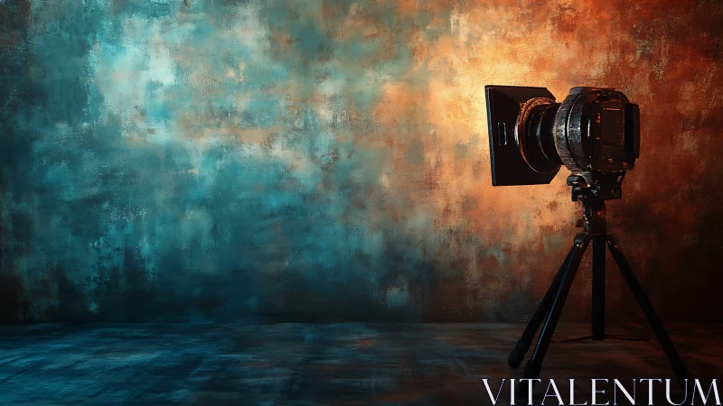 Large format camera on tripod against textured studio wall