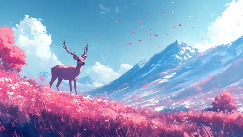 Stag stands over neon pink meadow beneath snowcapped peaks