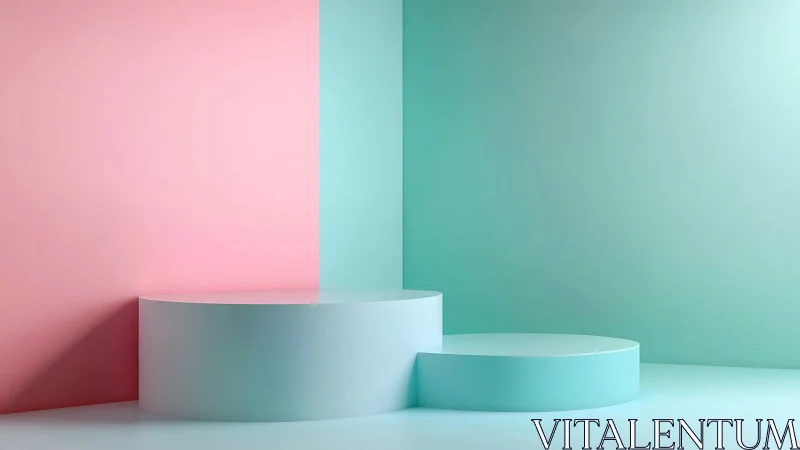 Cylindrical podium stands in pastel pink and teal corner room