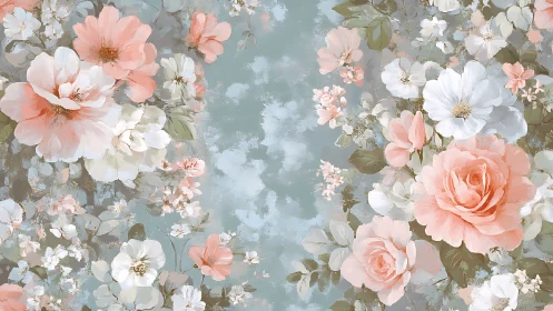 Soft pastel roses framing weathered teal sky background.