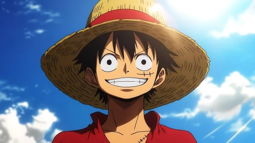 Straw hat character under bright sky with scattered clouds.